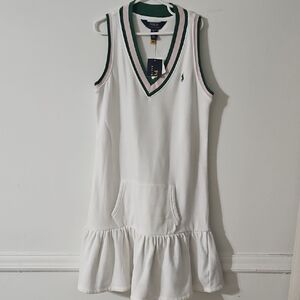 Polo by Ralph Lauren White Sleeveless V‑Neck Tennis Dress with Green Trim